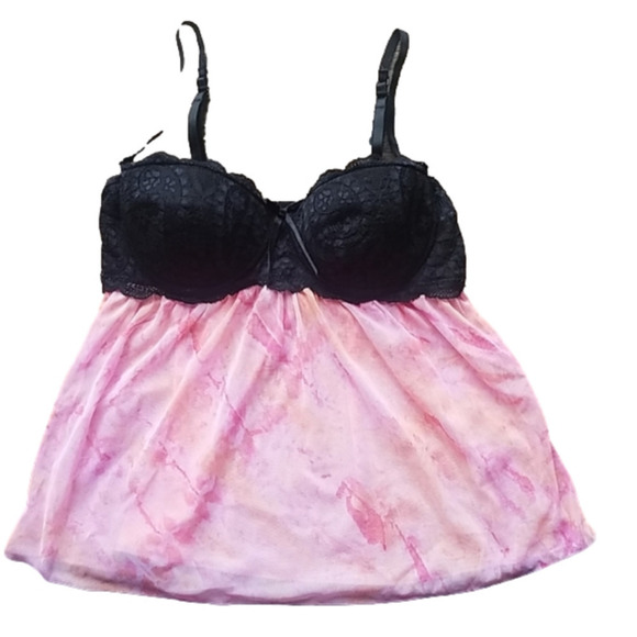 Y2K Vintage 𝅺VS Pink Ombre Black Lace Babydoll Ruched Top Sleepwear Slip 36C - Picture 2 of 9